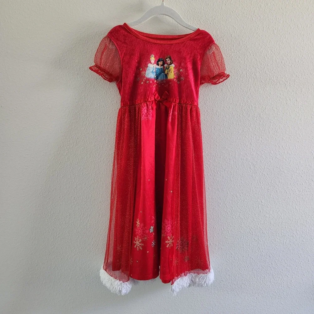 Disney Princess Girls size 5T Red Snowflake Holiday dress Faux Fur Trim - Picture 8 of 10